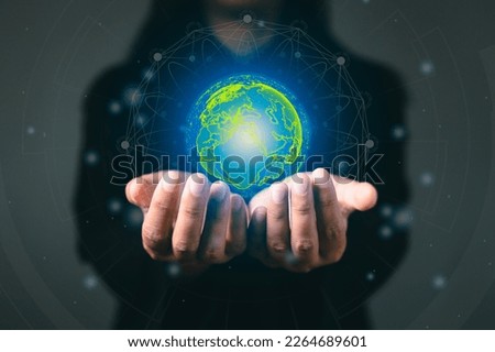 Virtual globe network connection in hand. Business global internet connection, science, innovation and communication technology concept.