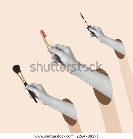 Contemporary art collage of hands holding makeup brush, mascara and lipstick. Concept of art, creativity, imagination. Copy space. Makeup, beauty, cosmetics. Royalty-Free Stock Photo #2264708291