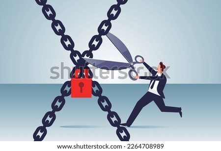 Unlock, release risks and crises, solve problems or obstacles, businessman with scissors to cut the chains that are locked