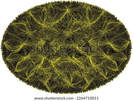 Oval rug ,doormat, mat, carpet with abstract pattern with radial elements in yellow, black colors and grunge rough fringe isolated on white background
