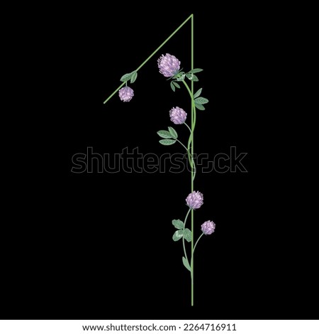 Numeral one with red clover branches. Floral font. Number 1. On black background.