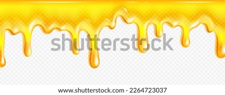 Realistic melted honey or oil flow isolated on transparent background. Vector illustration of yellow sweet sticky fluid substance splash dripping down surface. Natural food product. Seamless pattern Royalty-Free Stock Photo #2264723037