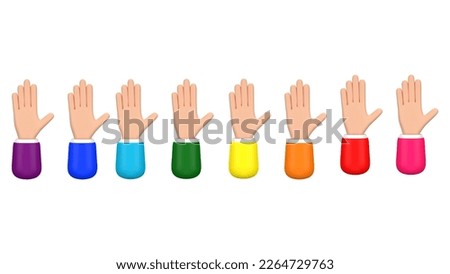 3d cartoon Hands of different LGBT pride colors stack isolated on white background