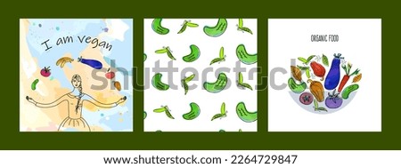 Vegan cards set. Standing young woman and fruits and vagetables. 100 % organic vegetables in the salad bowl. Cucumber and peas seamless pattern. Vector concept of healthy life. 
