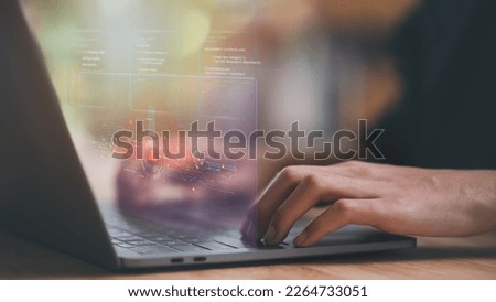 Programmer and virtual icons , exclamation mark ,alarm,computer virus detected ,danger warning concept or information error that should be urgently fixed and repaired ,Notification of security issues 