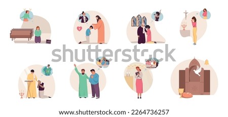 Sin religion flat set with isolated round compositions with reconciliation room and people kneeling in prayer vector illustration Royalty-Free Stock Photo #2264736257