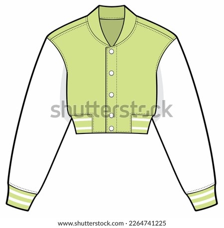 ladies' Cropped varsity jacket fashion technical drawing template. bomber jacket Illustration. front and back view, Green and white color, mockup. Royalty-Free Stock Photo #2264741225