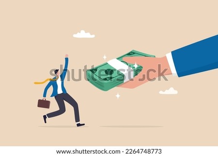 Getting paid, salary, wages payment or bonus, reward or employee benefits, tax refund or investment profit earning, loan or mortgage concept, business man hand giving money banknote to happy employee. Royalty-Free Stock Photo #2264748773