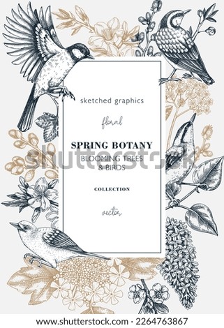 Spring garden card or invitation template. Vintage frame designs with birds, flowers, leaves and blooming tree branches. Almond, willow, rowan, willow, lilac, cherry blossom floral sketches for print Royalty-Free Stock Photo #2264763867