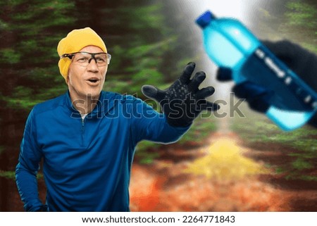 Fit strong male athlete running on a forest path reaching for a bottle of water, generative AI
