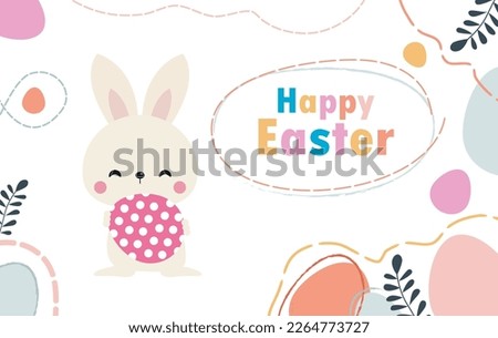 Happy Easter day poster. Little Rabbit Bunny cartoon flat design with greeting card. Easter egg festival wallpaper background banner template isolated vector illustration