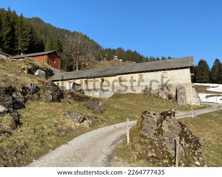 Mountain huts (chalets) or farmhouses and old wooden cattle houses in the alpine valley of Klöntal (or Kloental) and by resevoir lake Klöntalersee (or Kloentalersee) - Canton of Glarus, Switzerland