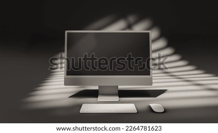 All in one 24 inch computer display with blank screen, wireless mouse and keyboard on a neutral background for creating mockup Royalty-Free Stock Photo #2264781623