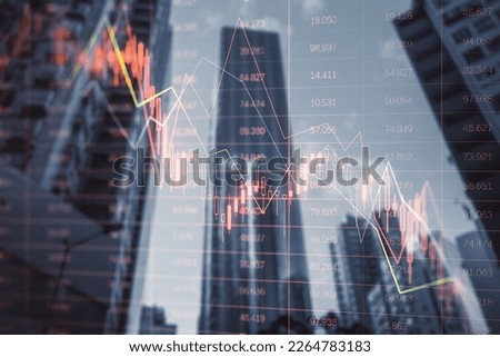 Investing and real estate market crash concept with falling down digital financial chart candlestick and graphs with data indicators on city modern business centers background, double exposure Royalty-Free Stock Photo #2264783183