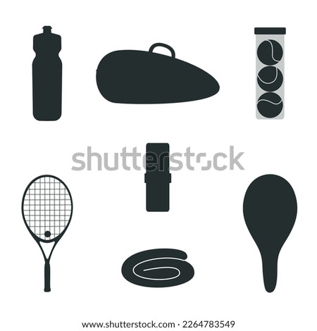 Flat vector silhouette illustration in childish style. Hand drawn tennis gear and equipment. Clipart isolated on white background