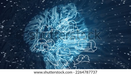 Composition of cloud with icons and network of connections over circuit board. global connections, technology and digital interface concept digitally generated image.