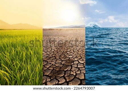 Agriculture fields and Dry lake and Ocean at north pole metaphor temperature increase and Climate change. Royalty-Free Stock Photo #2264793007