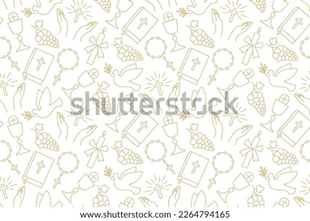 seamless pattern with christian religion icons: holy communion, chalice, grapes, praying hands, candle, dove with olive twig, rosary and bible - vector illustration Royalty-Free Stock Photo #2264794165