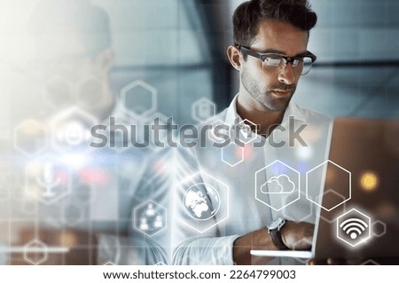 Business man, global network and hologram with laptop and digital transformation, information technology and mockup. Icons, 3D and overlay with wifi, software and app, cloud computing and database Royalty-Free Stock Photo #2264799003