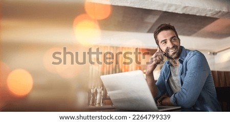 Phone call, laptop and man in coffee shop for remote work, client contact and online connection. Communication, business mockup and freelance male talking, networking and conversation on smartphone Royalty-Free Stock Photo #2264799339