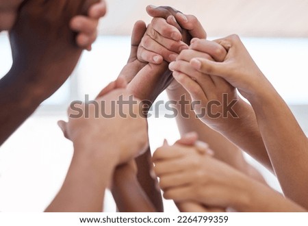 Worship, hand and people praying for peace, love and trust in God against blurred background. Church, christian and community group holding hands in prayer, faith or praise, belief and unity in Jesus