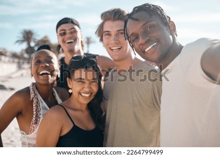 Friends group, selfie and diversity at beach with bonding, love or care with black man, women and happy. Young student vacation, spring break or profile picture on social media app in summer sunshine