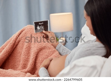 Pregnancy, ultrasound scan and woman in bed with x ray photograph of baby, infant and child at home. Love, family and excited, loving and happy pregnant mother rest with prenatal picture in bedroom