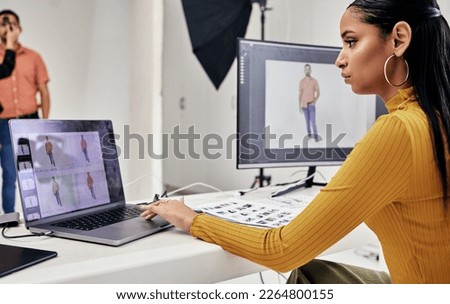 Photography editing, creative process and woman working on web software for photo edit. Media, fashion photographer and photoshoot planning of a studio employee doing computer work for press