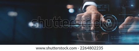 Cyber security network. Data protection concept. Businessman using tablet computer with digital padlock on internet technology networking with cloud computing and data management Royalty-Free Stock Photo #2264802235