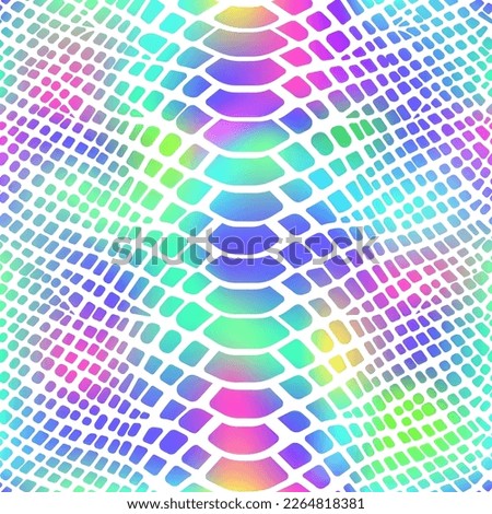 Trendy rainbow snake skin vector seamless pattern. Neon wild animal reptile skin, shiny rainbow gradient repeat texture on white background for fashion print design, wrapping paper, wallpaper.