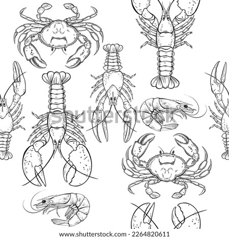 Crabs, lobsters, crayfish and shrimp. Seamless vector pattern  on white. Black and white. Perfect for wallpaper, wrapping, fabric and textile, menu decoration, invitation, card.