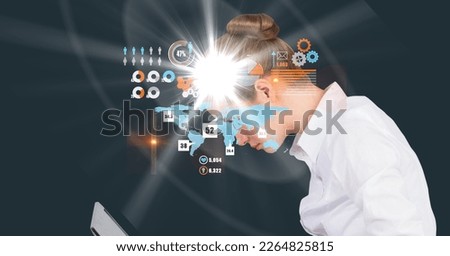 Composition of caucasian businesswoman looking at screen with data processing. global business, technology and digital interface concept digitally generated image.