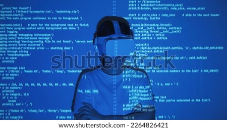 Reskill upskill IT job workforce remote support examine web page server cloud computing concept. POV people IOT work night dark blue light show text idea on woman face wear VR goggle. Hacker crime. Royalty-Free Stock Photo #2264826421