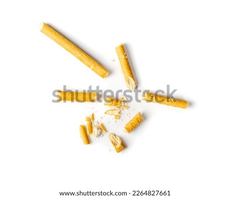 Crumbled Bread Stick Isolated, Broken Salted Breadstick, Crispy Grissini Pieces, Dry Homemade Pretzel Crumbs, Bread Stick on White Background Top View Royalty-Free Stock Photo #2264827661