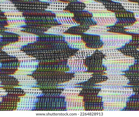 Glitch art, data error. Abstract background with black and white grids and colorful chromatic aberration. Glitchy distorted waveforms pattern created from a scan of a mesh bag.