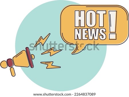 Speech bubble with megaphone, message, text hot news. Megaphone announcement with trendy color shapes. Hot news.