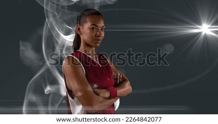 Composition of female basketball player with arms crossed with copy space. sport and competition concept digitally generated image.