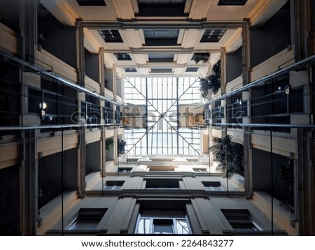 Isometric square bottom view inside a building. Residential building in Rome. Geometry and precision.