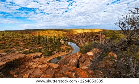 panorama of murchison river gorge in kalbarri national park, western australia; desert landscape with red rocks and a river in a deep gorge near nature's window	
 Royalty-Free Stock Photo #2264853385