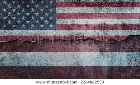 United States and Latvia flag on cracked wall background. Economics, politics conflicts, war concept texture background