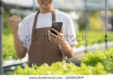 Young male famer using his mobile phone while working in the green vegtable hydroponics farm.