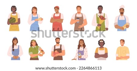 People selling products, isolated sellers or consultants. Woman with watermelon and cheese slice, ice cream. Offering coffee and fresh bread, flowers and meat. Flat cartoon, vector illustration Royalty-Free Stock Photo #2264866113