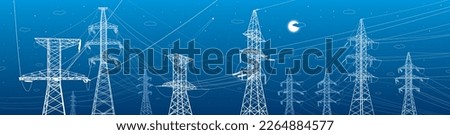High voltage transmission systems. Electric pole. Power lines. A network of interconnected electrical. Energy pylons. City electricity infrastructure. White otlines on blue background. Vector design Royalty-Free Stock Photo #2264884577