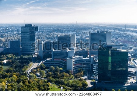 High view of the Vienna International Centre or VIC, hosting the United Nations Office or UNO, office modern buildings in Donau City or Vienna DC, Vienna, Austria
