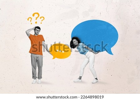 Portrait photo artwork minimal collage of two young friends communicating together hold chat box dialogue speech isolated on white background