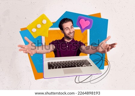 Creative collage image of positive friendly guy inside netbook screen hands welcome invite like notification message
