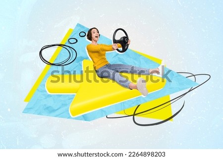 Composite collage image of astonished positive girl hands hold wheel sit huge arrow pointer isolated on drawing background