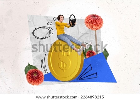 Collage artwork picture of mini excited girl sit huge money coin hands hold wheel fresh flowers isolated on painted background