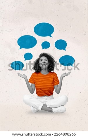 Vertical collage minimal 3d picture of young girl network with subscribers friends enjoy much feedback messages isolated on white background Royalty-Free Stock Photo #2264898265