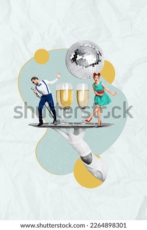 Composite photo collage of party concept woman dancing have fun festival concert water plate drink champagne singer isolated on gray background